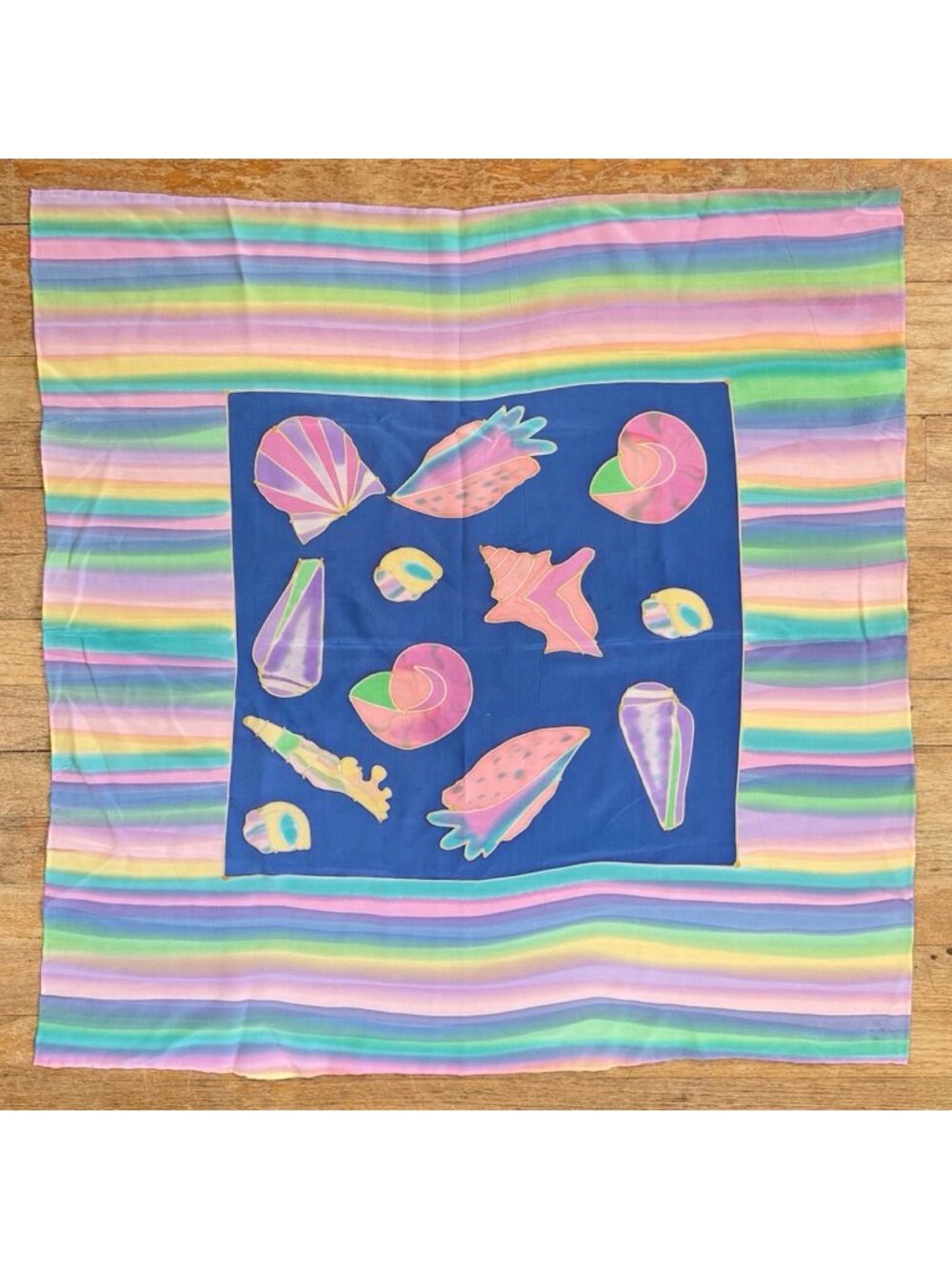 Vintage Pastel Rainbow Seashell Scarf 70s Silk Square Beach Colorful Square  Con